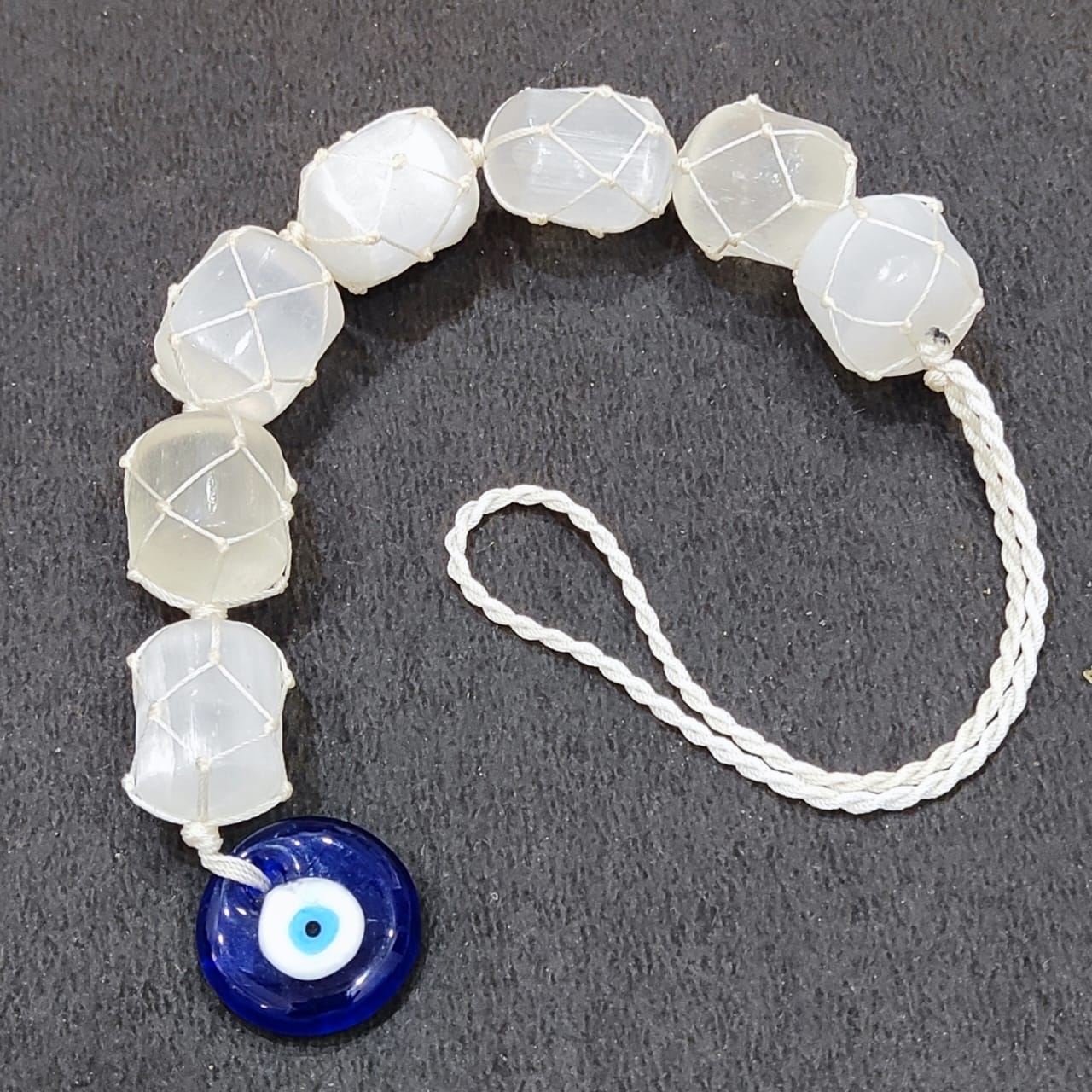 Selenite Tumble With Evil Eye Hanging Natural With Certified